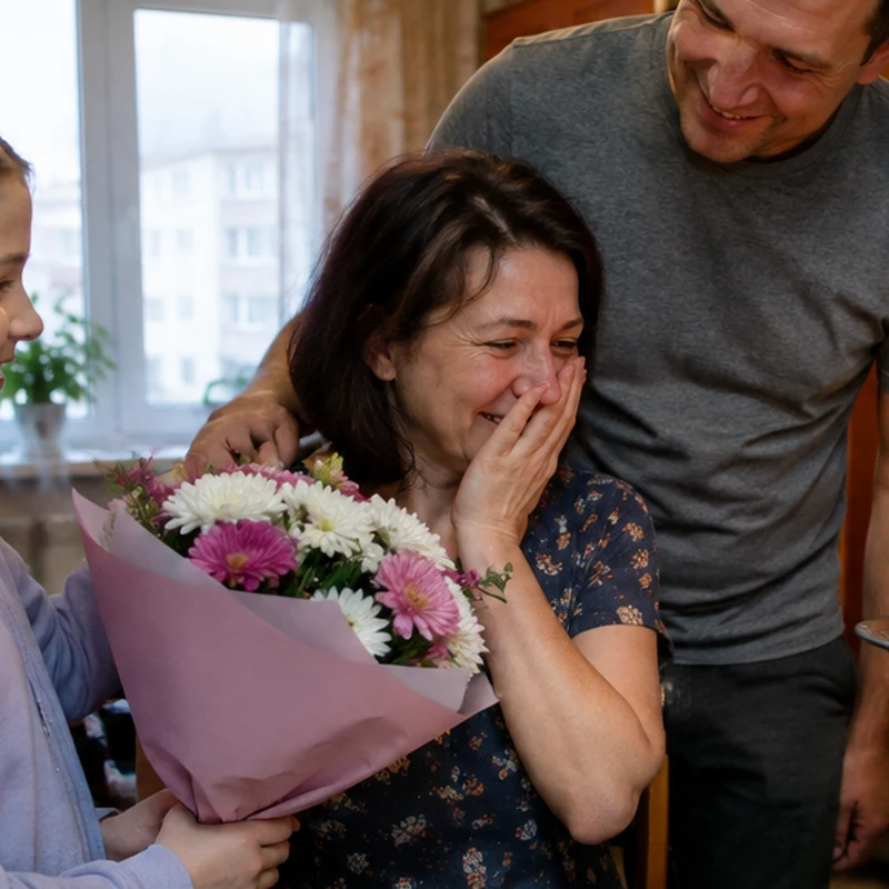 Женщина с букетом цветов радостно смеётся на дне рождения