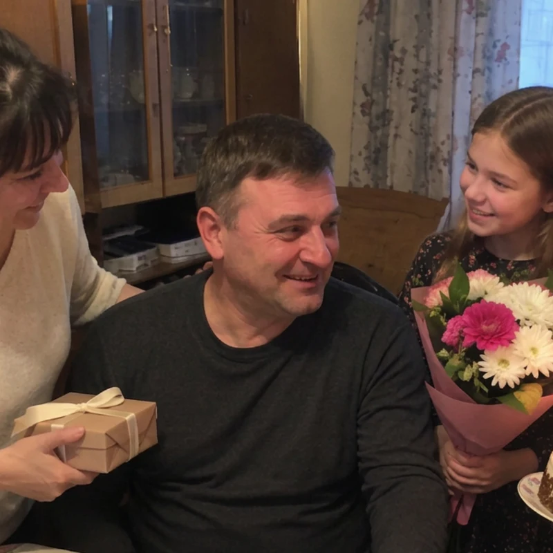 Мужчина с улыбкой получает подарок и цветы на дне рождения